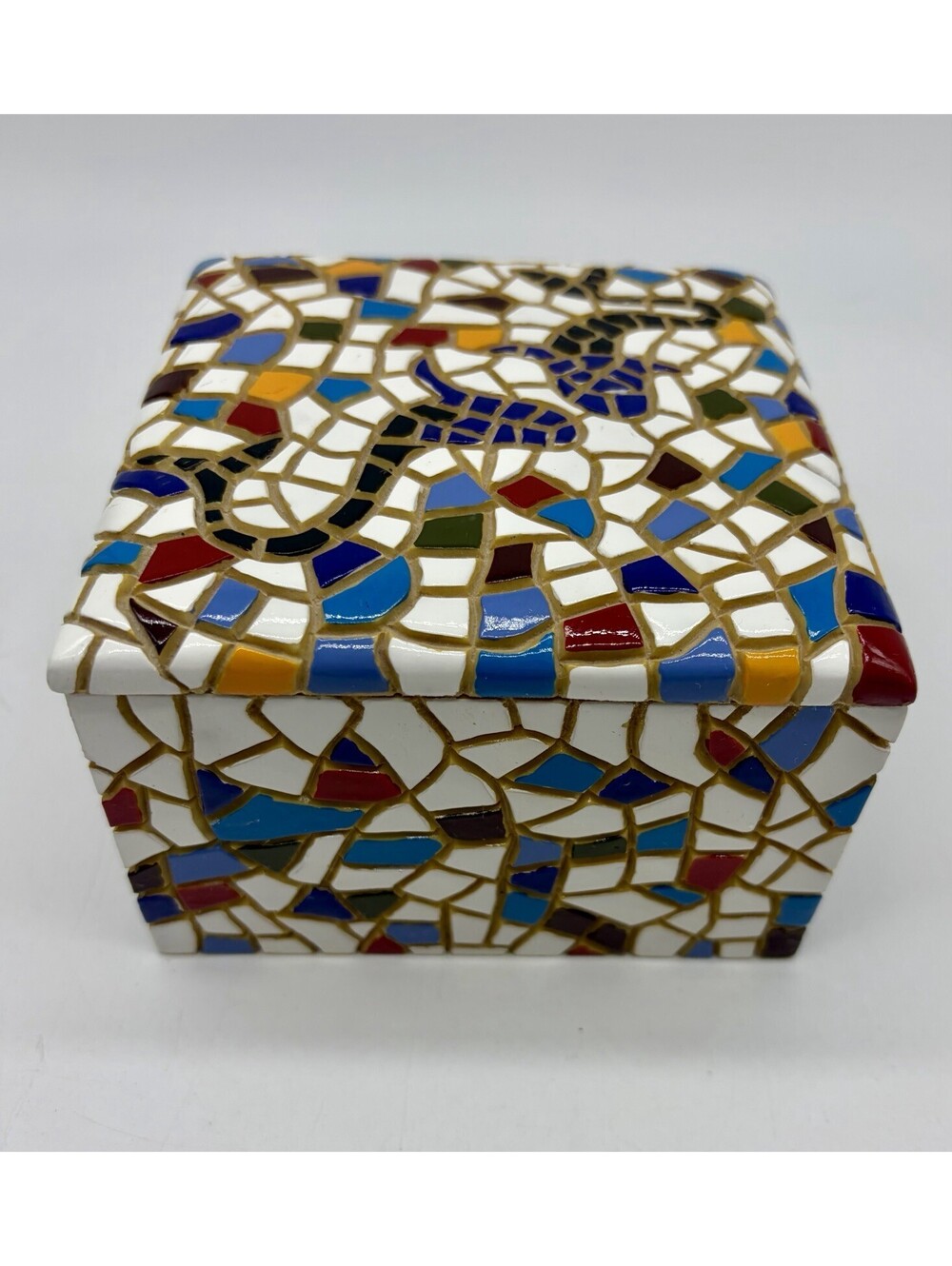 Vintage Barcino’s Mosaic Hand Painted Box Trinket Jewelry Fish Dolphin 4.5” Boho